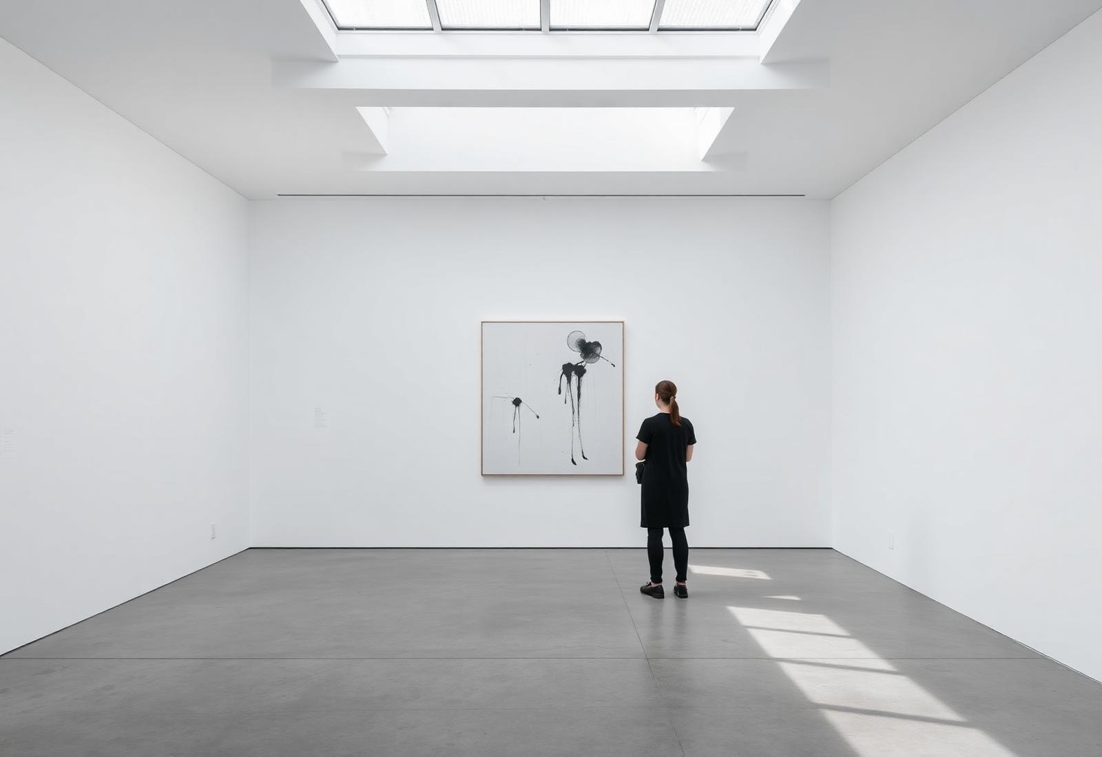 白いギャラリー空間に展示された作品と来場者